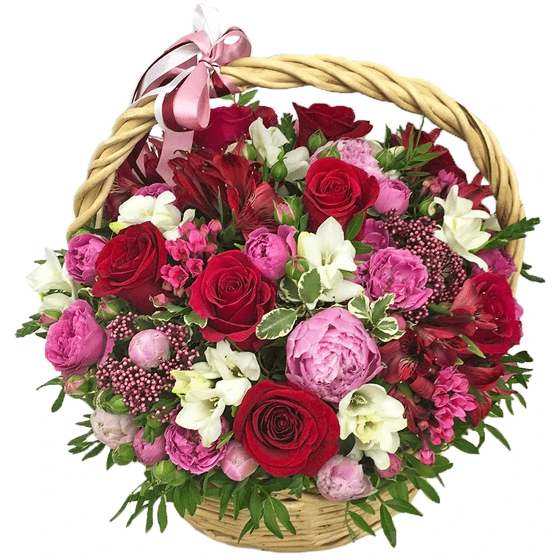 Цветы в корзине с пионовидными розами